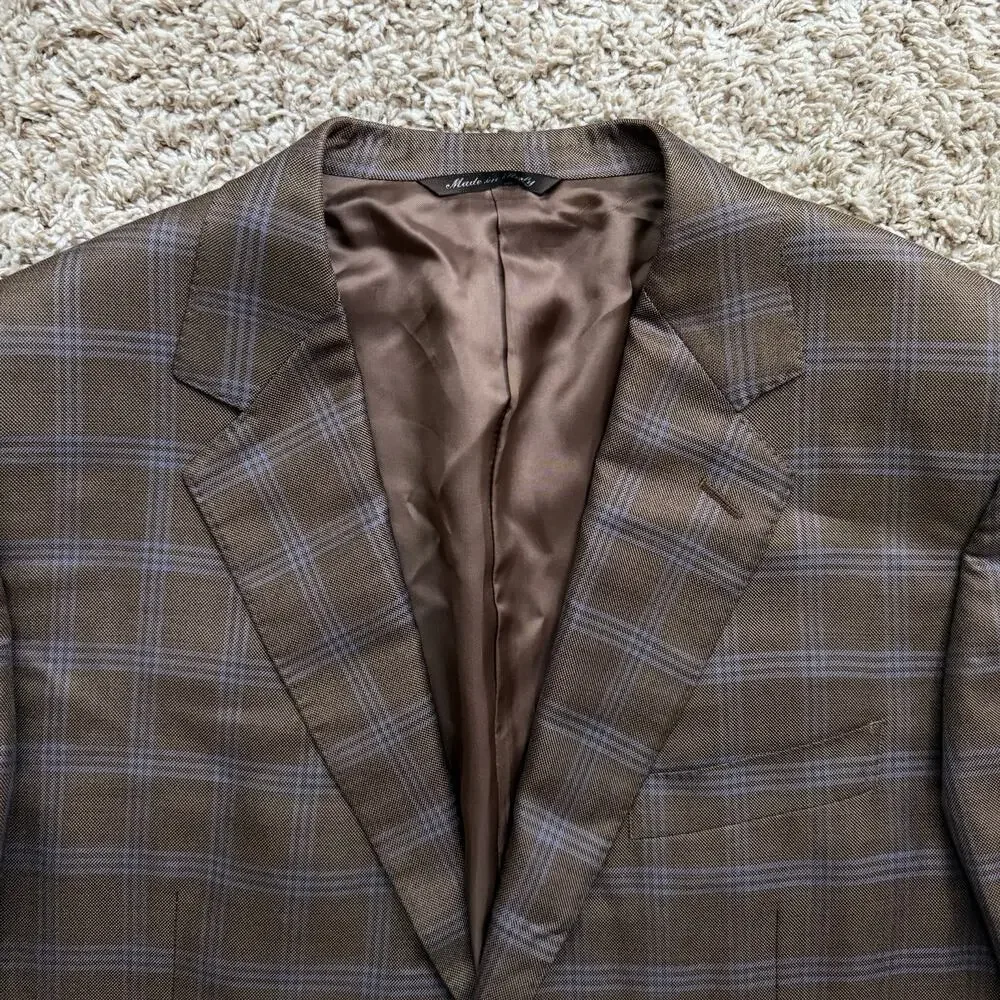Canali Made In Italy Silk And Wool Brown Plaid Suit Jacket Size IT 52R / US 42R